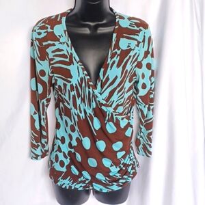Mesmerize Polka-dot Print cross front 3/4 Sleeve Top, turquoise & brown